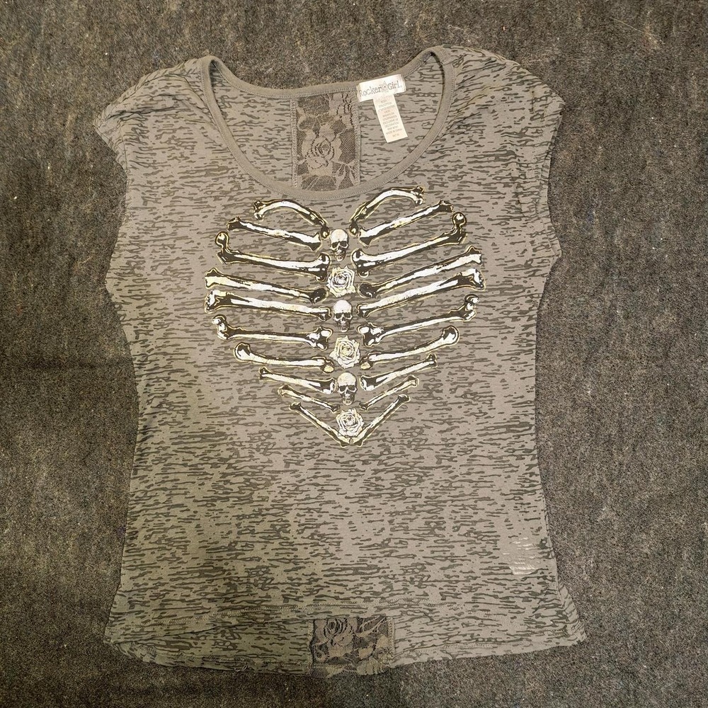 Rocker Girl Y2K Burnout Tee Green Gold Skull Heart Rib Cage Lace Back Medium